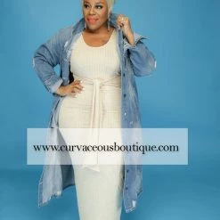 Curvaceous Boutique Blue Denim Distress Long Coat