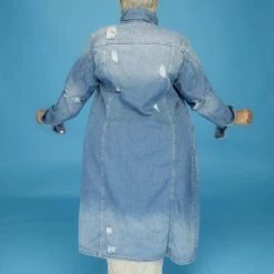 Curvaceous Boutique Blue Denim Distress Long Coat