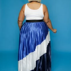 Curvaceous Boutique Blue Pleated Color-Block Maxi Skirt SKIRTS