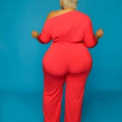 Curvaceous Boutique Red Dolly Off Shoulder Jumpsuit