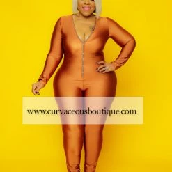 Curvaceous Boutique Camel Keyona Zipper Disco Catsuit