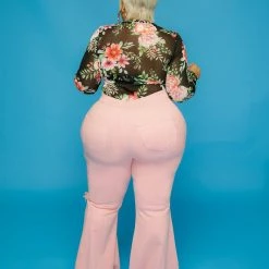 Curvaceous Boutique NEW Pink Distressed Bell Bottom Jeans