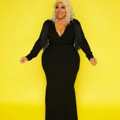 Curvaceous Boutique MAXI DRESSES Black Glam Fringe Gown