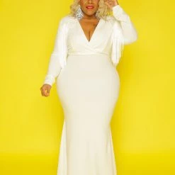Curvaceous Boutique Ivory Glam Fringe Gown