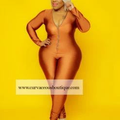 Curvaceous Boutique Camel Keyona Zipper Disco Catsuit