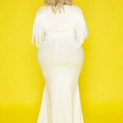 Curvaceous Boutique Ivory Glam Fringe Gown