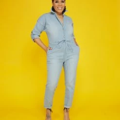 Curvaceous Boutique JUMPSUITS Light Blue Denim Open Back Jumpsuit