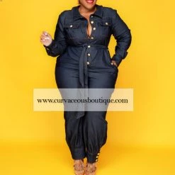Curvaceous Boutique Denim Gold Button Jumpsuit NEW