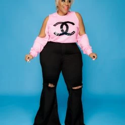 Curvaceous Boutique Black Distressed Bell Bottom Jeans