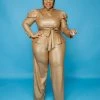 Curvaceous Boutique Camel Faux Leather Peplum Set