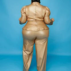 Curvaceous Boutique Camel Faux Leather Peplum Set