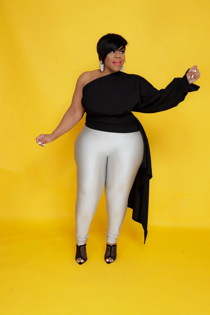 Curvaceous Boutique Black Cascading One Sleeve Top 3 Curvaceous Boutique Black Cascading One Sleeve Top