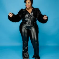 Curvaceous Boutique Fur Sleeve Pleather Motor Jacket