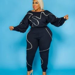 Curvaceous Boutique Navy Mother Of Pearl Jogger Set SETS