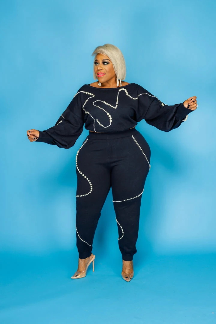 Curvaceous Boutique Navy Mother Of Pearl Jogger Set SETS 4 Curvaceous Boutique Navy Mother Of Pearl Jogger Set SETS