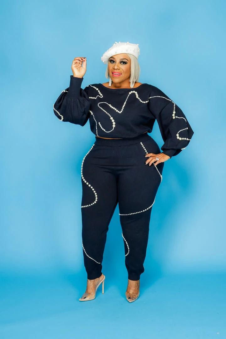 Curvaceous Boutique Navy Mother Of Pearl Jogger Set SETS 3 Curvaceous Boutique Navy Mother Of Pearl Jogger Set SETS