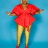 Curvaceous Boutique Red Balloon Sleeve Top