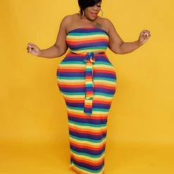 Curvaceous Boutique Rainbow Stripe Duster Set DRESSES