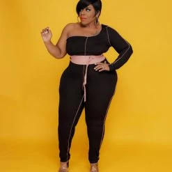 Curvaceous Boutique Black Ribbed One Shoulder Catsuit