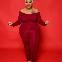 Curvaceous Boutique Burgundy Off Shoulder Catsuit