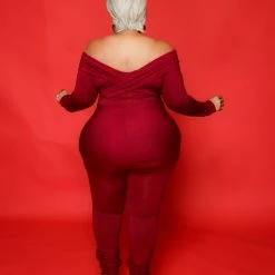 Curvaceous Boutique Burgundy Off Shoulder Catsuit