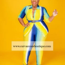 Curvaceous Boutique Blue & Yellow Stripe Legging Set SETS