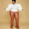 Curvaceous Boutique Cognac Faux Leather Slit Pants