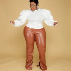 Curvaceous Boutique Cognac Faux Leather Slit Pants