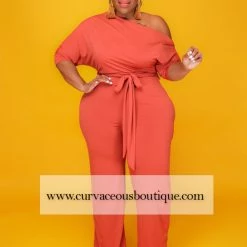 Curvaceous Boutique Rust Dolly Off Shoulder Jumpsuit