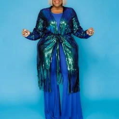 Curvaceous Boutique Blue Seqiun Fringe Duster