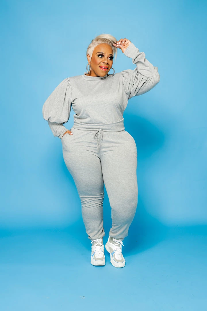 Curvaceous Boutique Grey Puff Sleeve Jogger Set 3 Curvaceous Boutique Grey Puff Sleeve Jogger Set