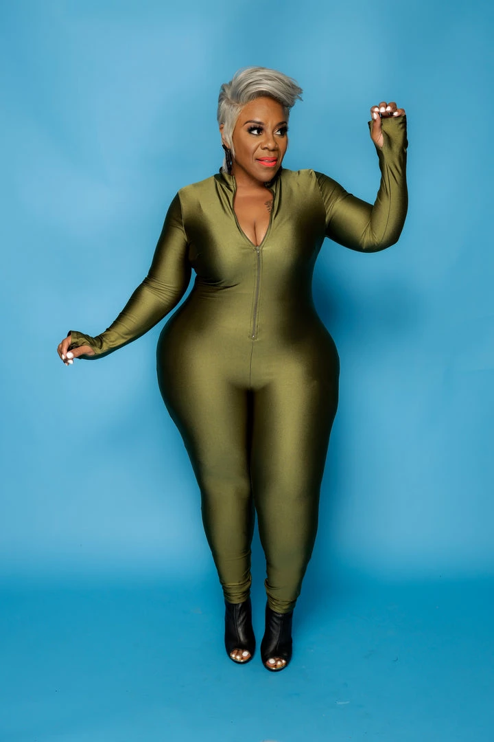 Curvaceous Boutique JUMPSUITS Olive Green Keyona Zipper Disco Catsuit 3 Curvaceous Boutique JUMPSUITS Olive Green Keyona Zipper Disco Catsuit