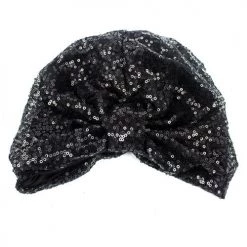 Curvaceous Boutique Black Sequin Knotted Turban Beanie Hat NEW
