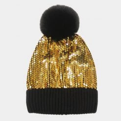 Curvaceous Boutique NEW Gold Sequin Pom Pom Beanie Hat