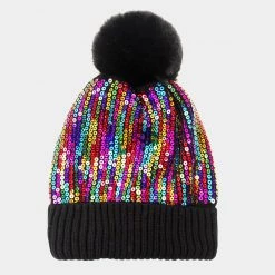 Curvaceous Boutique Rainbow Sequin Pom Pom Beanie Hat NEW