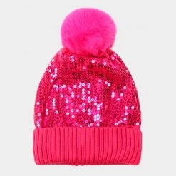Curvaceous Boutique Pink Sequin Pom Pom Beanie NEW
