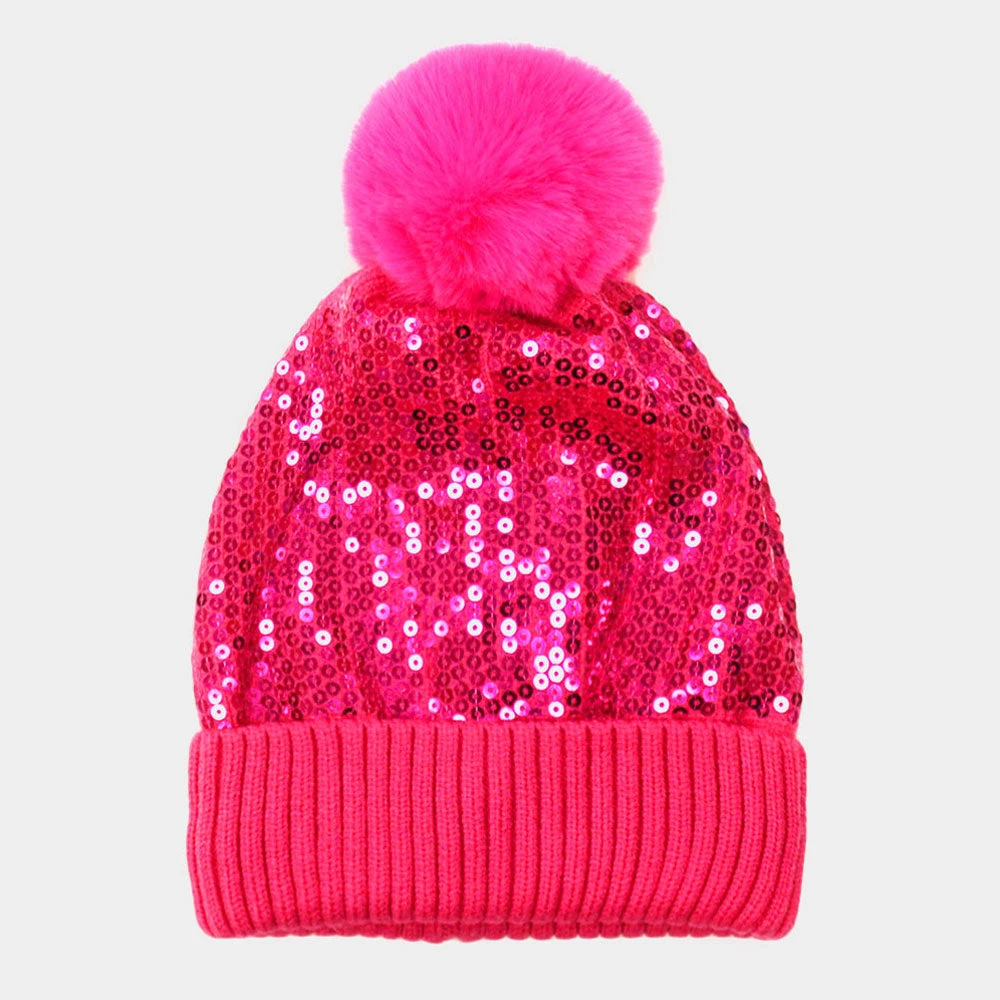 Curvaceous Boutique Pink Sequin Pom Pom Beanie NEW 3 Curvaceous Boutique Pink Sequin Pom Pom Beanie NEW