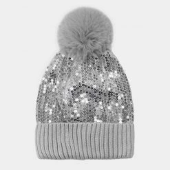 Curvaceous Boutique Silver SEQUIN POM POM BEANIE HAT