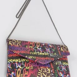 Curvaceous Boutique NEW Black Yellow Graffiti Chain Clutch