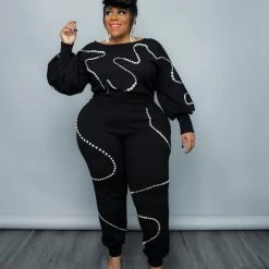 Curvaceous Boutique SETS Black Mother Of Pearl Jogger Set