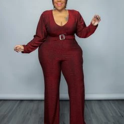 Curvaceous Boutique JUMPSUITS Red Shimmer Belt Jumpsuit