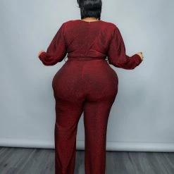 Curvaceous Boutique JUMPSUITS Red Shimmer Belt Jumpsuit