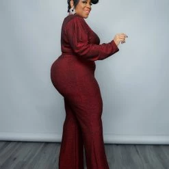 Curvaceous Boutique JUMPSUITS Red Shimmer Belt Jumpsuit