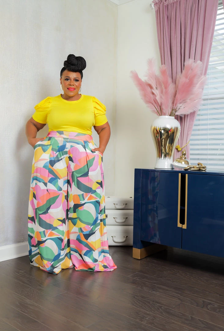 Curvaceous Boutique Yellow Pop Art Palazzo Set NEW 3 Curvaceous Boutique Yellow Pop Art Palazzo Set NEW