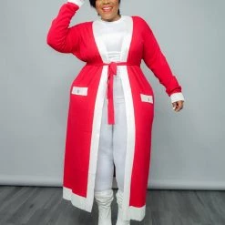 Curvaceous Boutique DUSTERS/KIMONOS Red/White Long Knit Cardigan