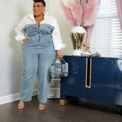 Curvaceous Boutique Shirt Denim Jumpsuit
