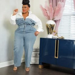 Curvaceous Boutique Shirt Denim Jumpsuit