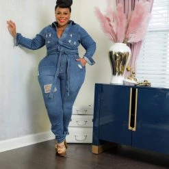Curvaceous Boutique NEW Rico Distressed Denim Jumpsuit