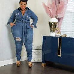 Curvaceous Boutique NEW Rico Distressed Denim Jumpsuit