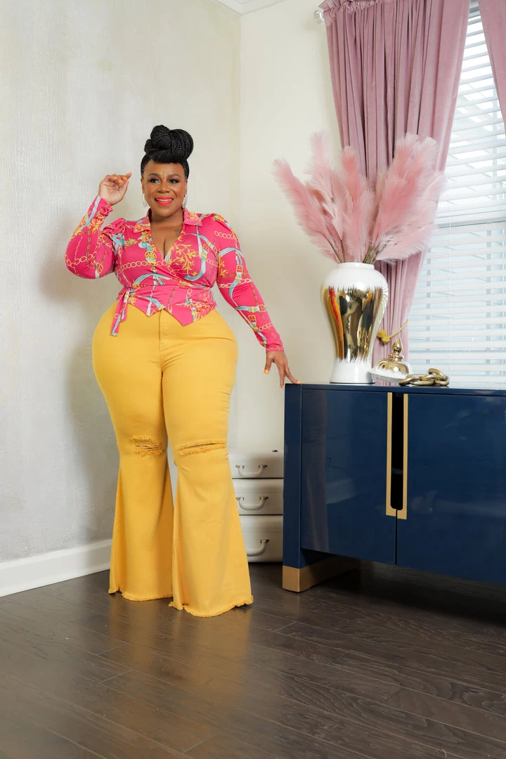 Curvaceous Boutique Mustard Distressed Bell Bottom Jeans NEW 3 Curvaceous Boutique Mustard Distressed Bell Bottom Jeans NEW